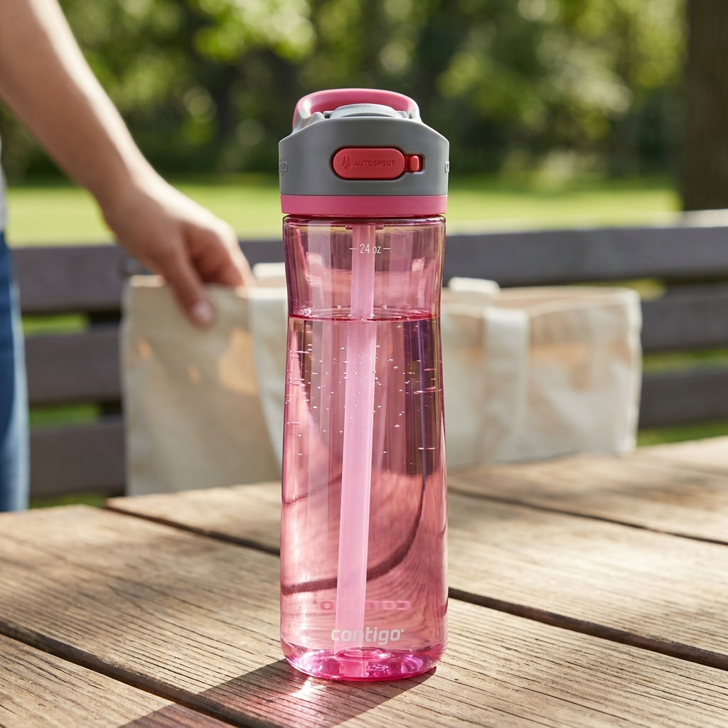 A 24oz azalea pink Contigo Autospout Ashland 2.0 water bottle sitting on a wooden picnic table.