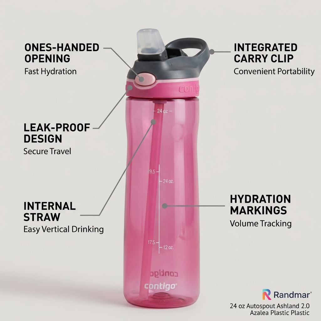 A 24oz Contigo Ashland 2.0 water bottle in Azalea pink with callouts for its clip, straw, and lid.