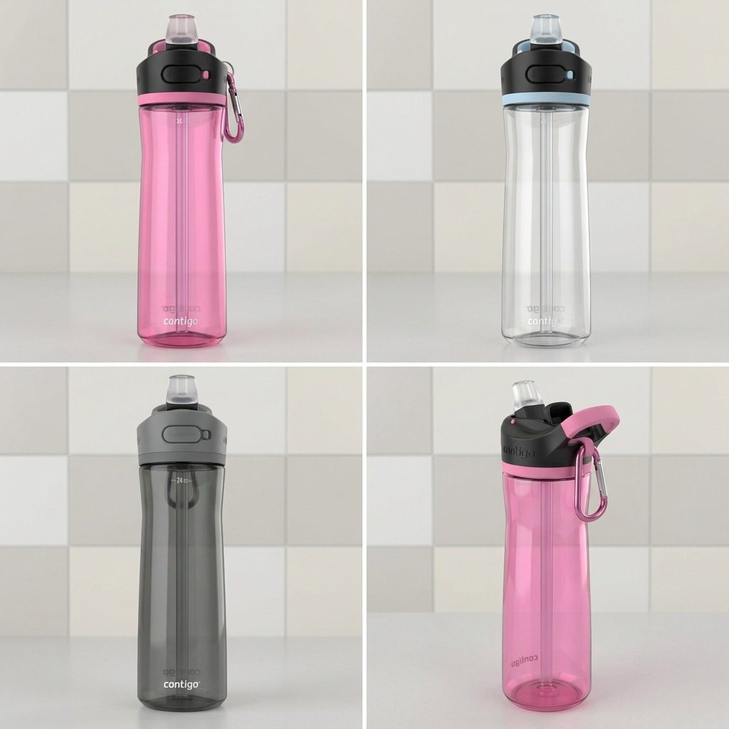 Grid showing Contigo Autospout Ashland 2.0 24oz water bottles in pink, clear, and smoke grey.
