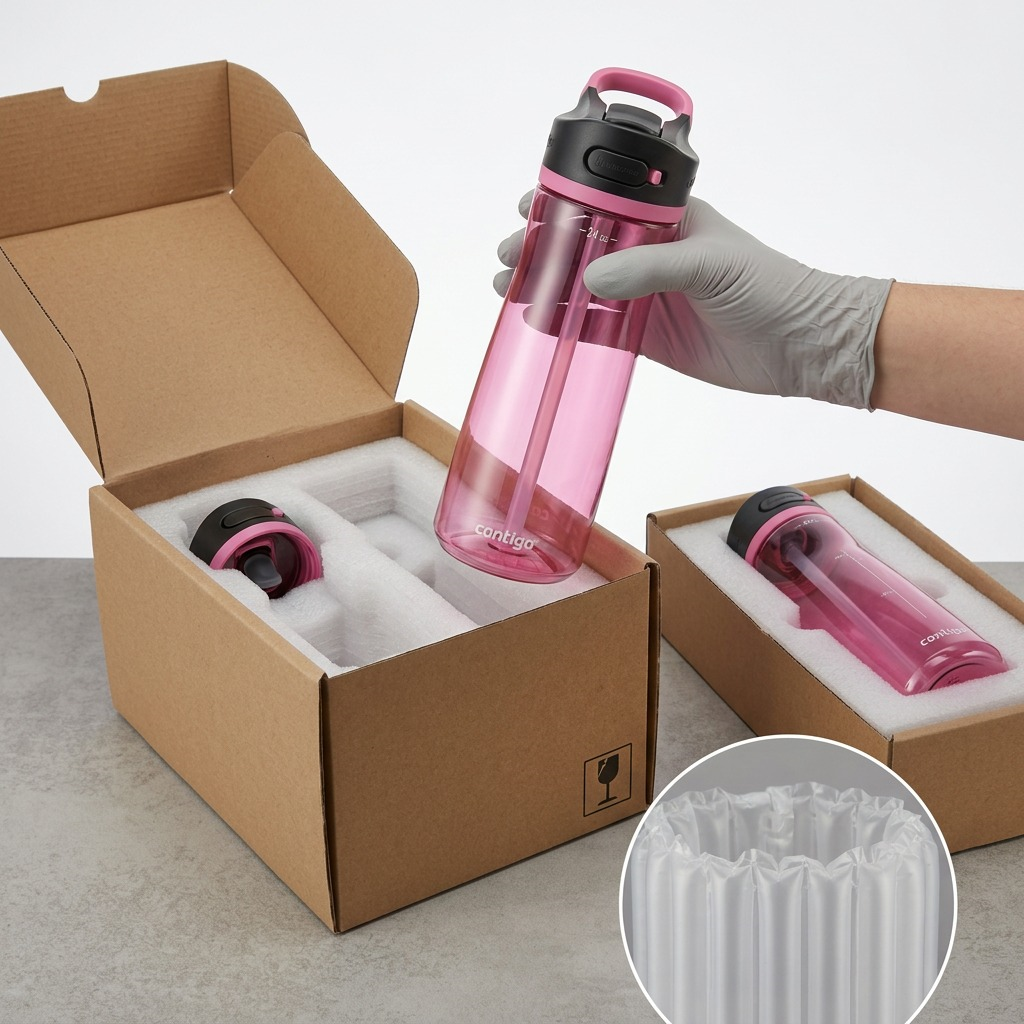 Hand pulling an azalea pink Contigo 24oz water bottle from a cardboard box with foam inserts.