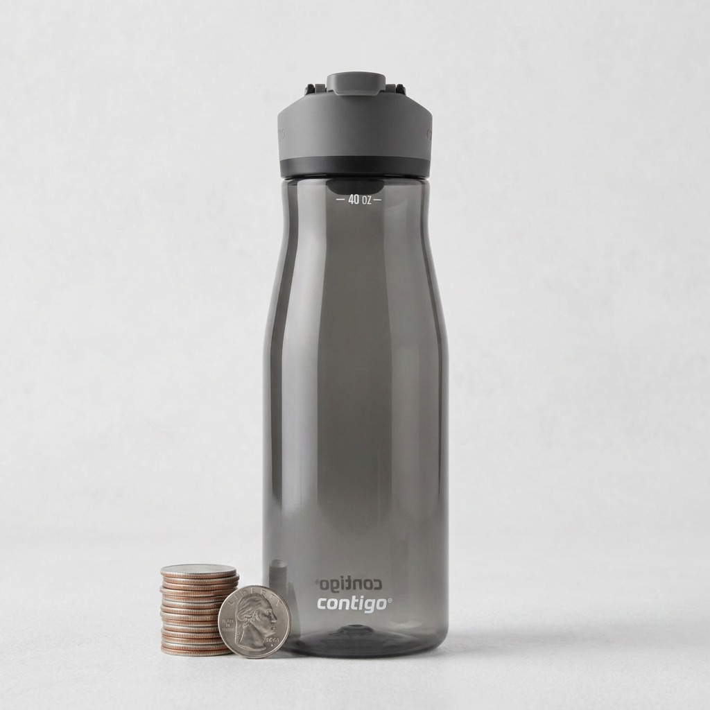 A scale matrix visual comparing a Contigo 40 oz water bottle to a standard US quarter on a studio background.