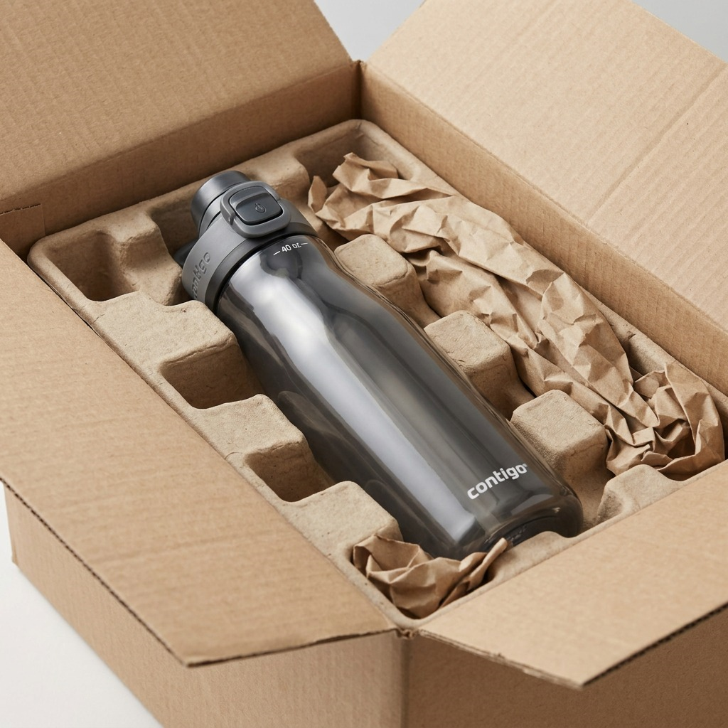 An unboxing scene shows the gray Contigo water bottle, exactly as referenced, nested within protective paper and a sturdy cardboard shipping box.
