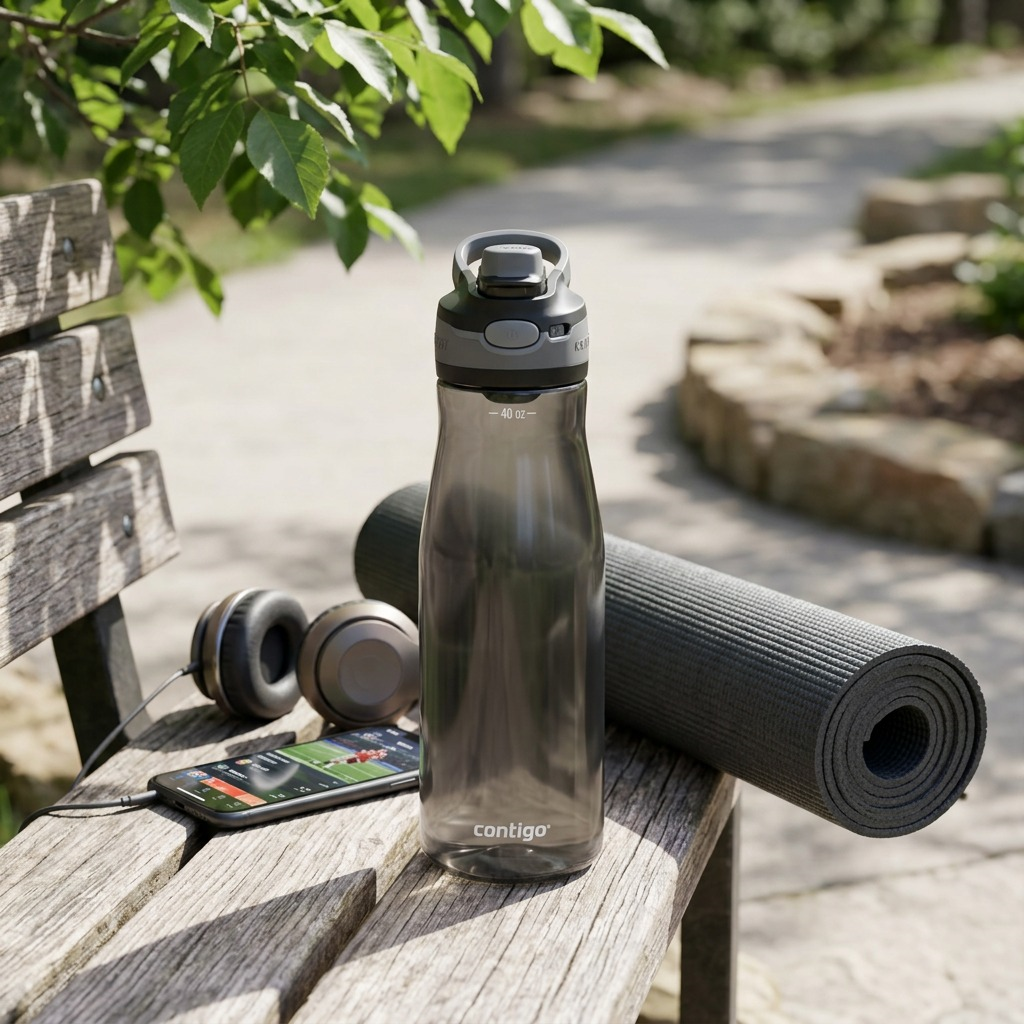 Contigo water bottle sits on a park bench with headphones and a yoga mat under soft, natural light.