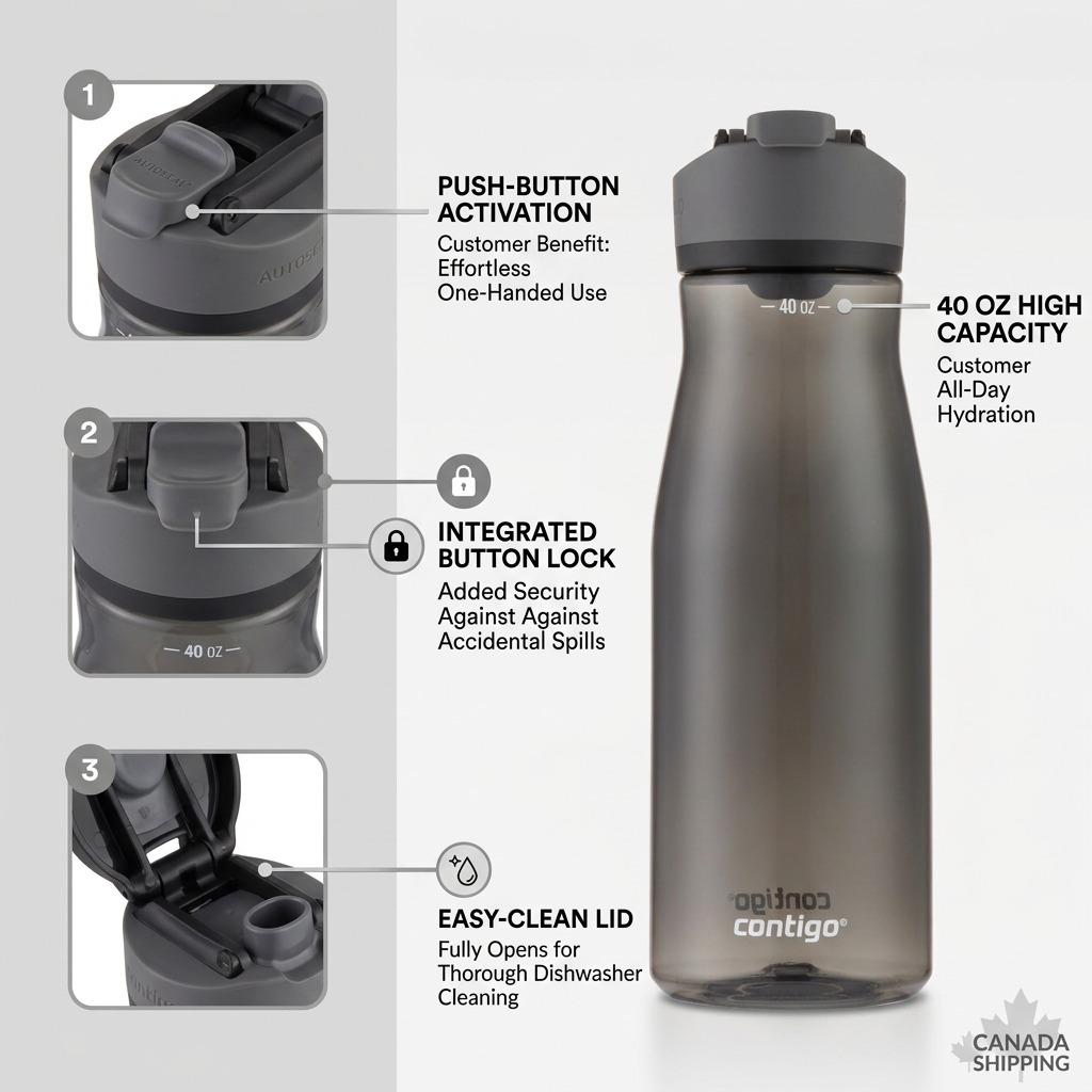 An informative feature graphic showing magnified views and benefits of the Contigo 40 oz Cortland 2.0 water bottle.