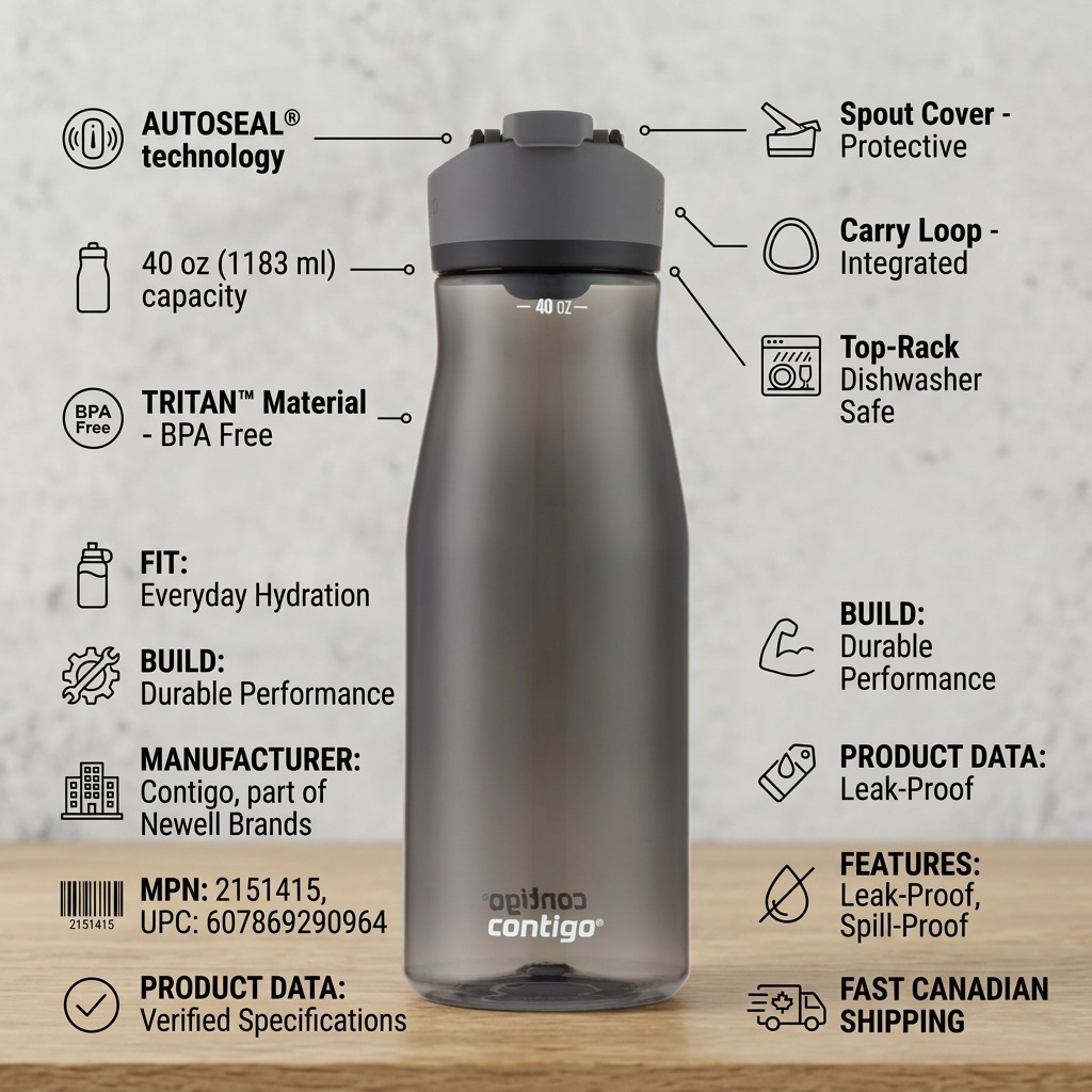 Infographic visual matrix for Contigo 40 oz Autoseal Cortland 2.0 Licorice water bottle, detailing key product features, specifications, and shipping details.