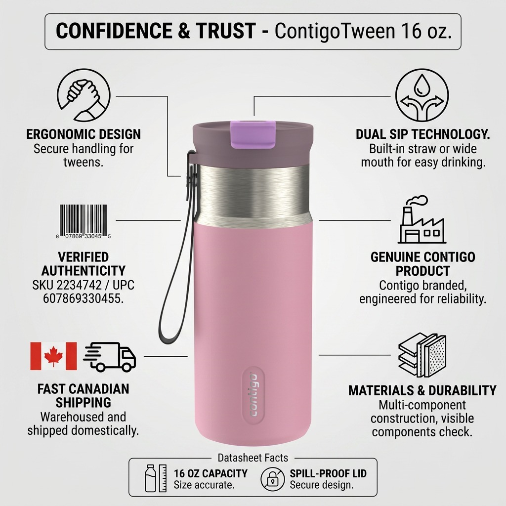 Confidence infographic featuring the Contigo 16oz Tween bottle with trust-themed icons and facts.