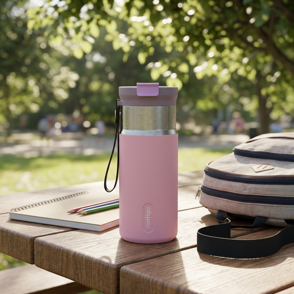 Lunar Petal pink Contigo tween bottle with strap sitting on an outdoor park picnic table by a backpack.