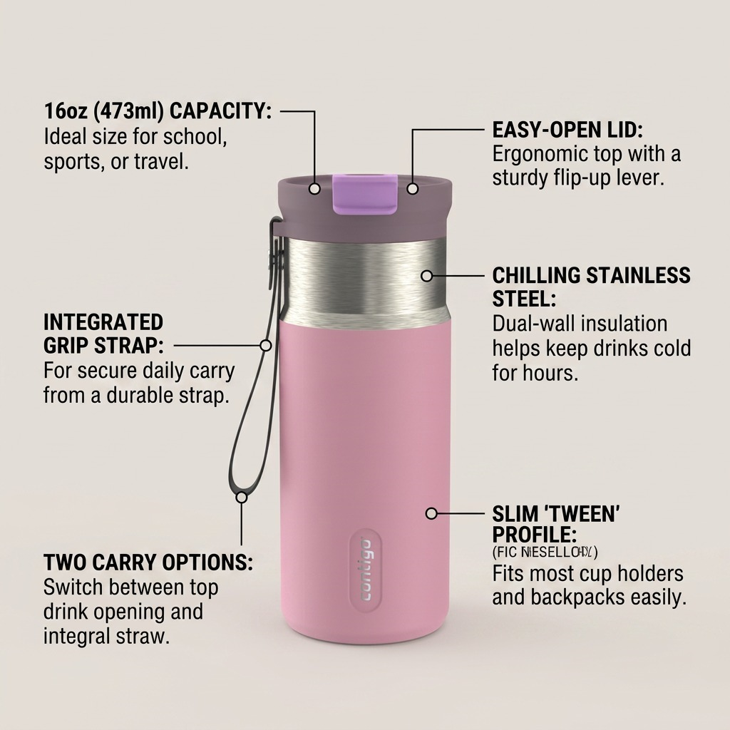 Product feature infographic for Contigo 16oz Tween Dual Sip, detailing its capacity, easy lid, insulation, strap, and profile.
