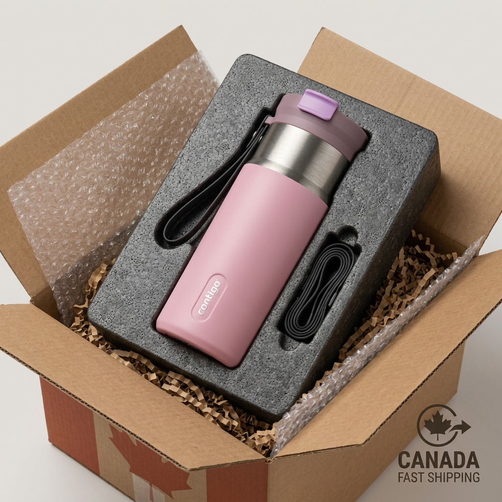 An image of the pink Contigo travel bottle nestled in a custom polystyrene insert within a sturdy cardboard box, with protective kraft paper and bubble wrap, reducing shipping damage anxiety. The box features Canadian flag and "FAST SHIPPING" graphics. The Contigo logo is visible on the bottle.