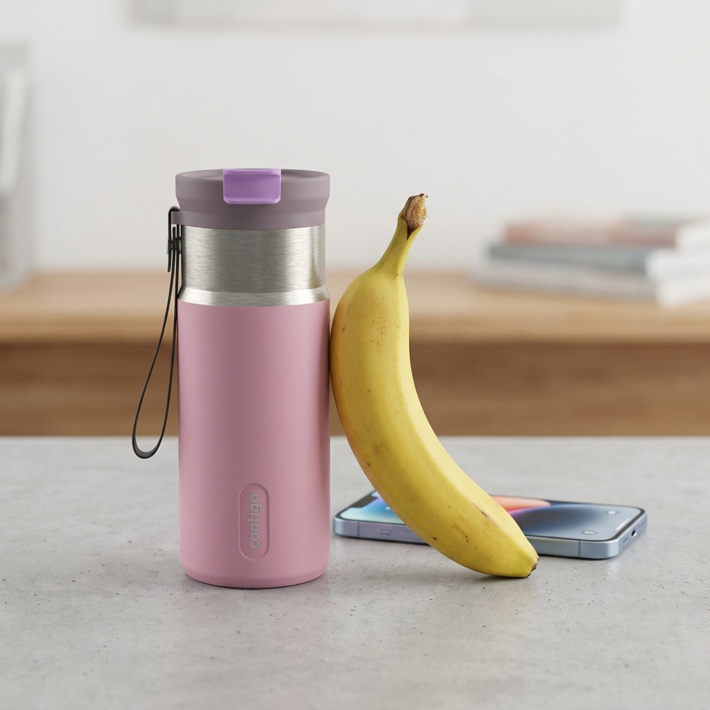 A pink Contigo 16oz bottle beside a banana and smartphone on a desk for scale.