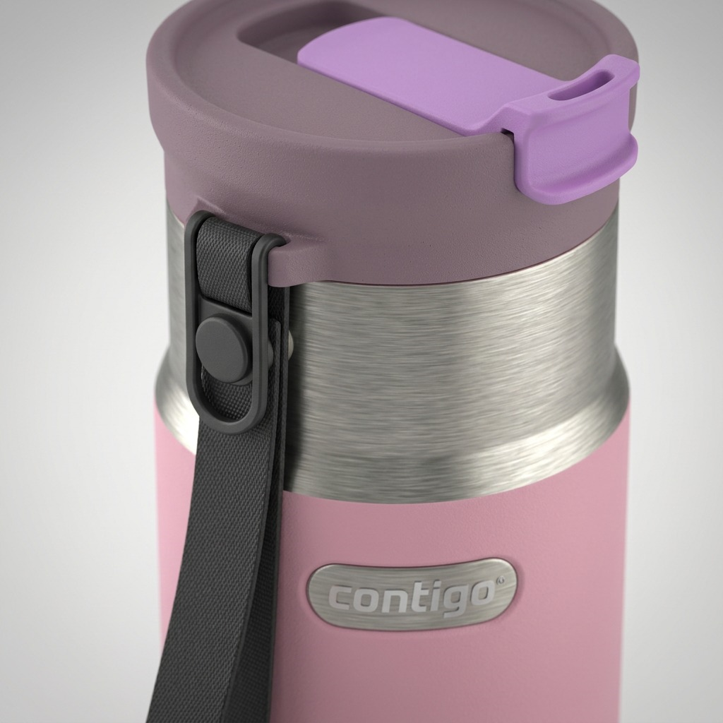 Macro close-up of the Contigo tween bottle's lid attachment, strap connection, material textures, and embossed logo.