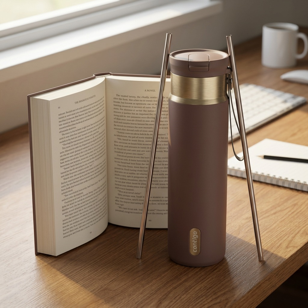 Terra Contigo 24oz SnapSeal tumbler with straw on a desk next to an open book for scale.