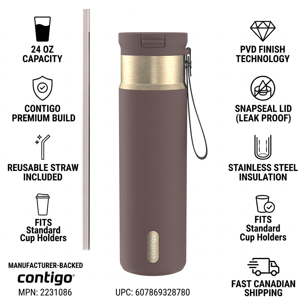 Contigo Terra 24oz SnapSeal tumbler infographic highlighting PVD finish, leak-proof lid, and straw.