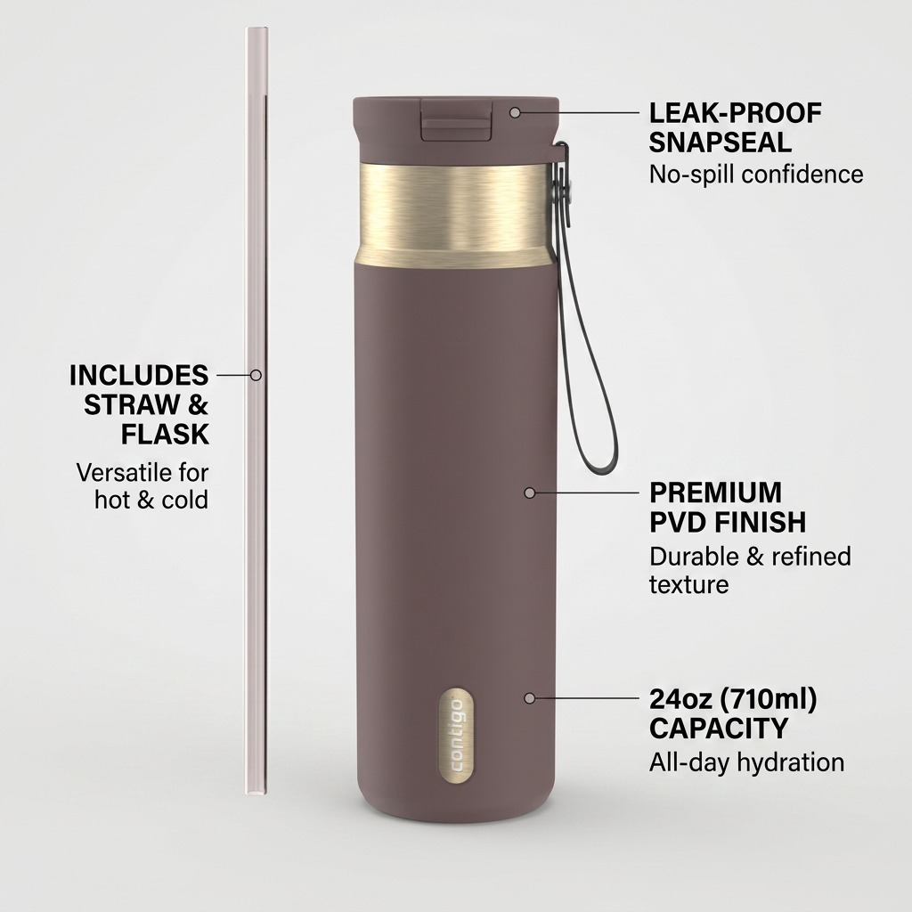 Feature diagram of the Contigo 24oz Terra tumbler with SnapSeal lid, straw, and durable PVD finish.