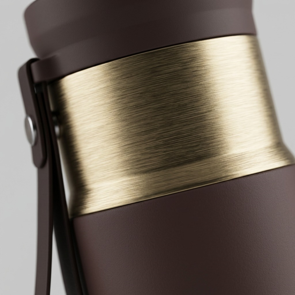 Macro detail of Contigo SnapSeal PVD Terra tumbler showing brushed metallic finish and matte lid.