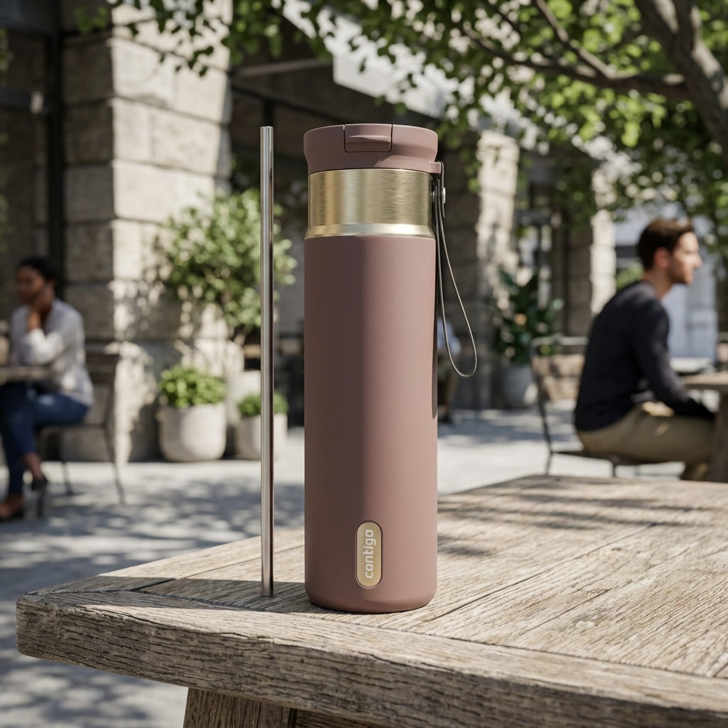 Contigo 24oz SnapSeal PVD Tumbler in Terra with a metal straw on an outdoor cafe table.