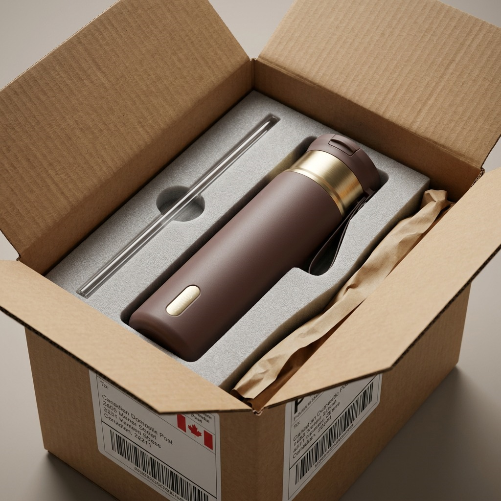A Contigo 24oz SnapSeal Terra tumbler and straw securely packed in protective foam inside a shipping box.