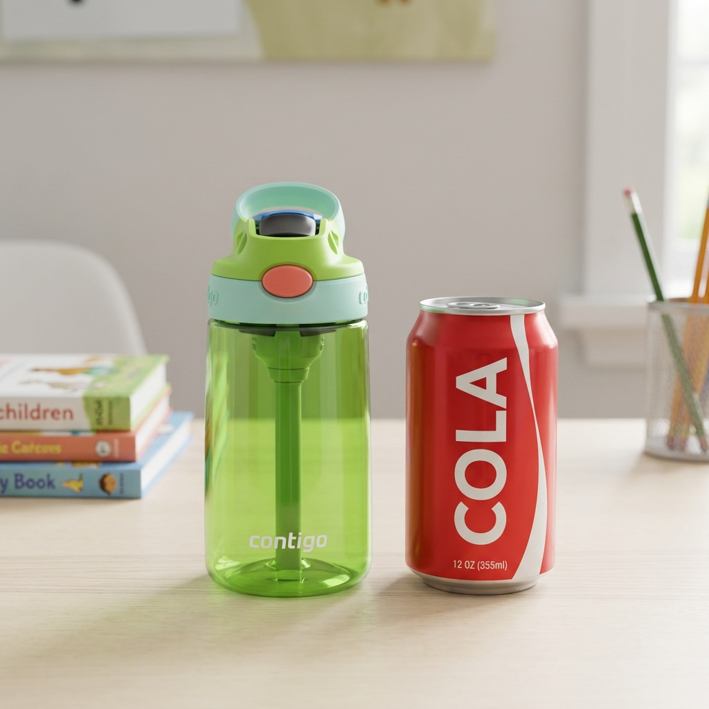 Contigo 14oz Kids Autospout Water Bottle in Lime beside a standard 12oz soda can for scale.