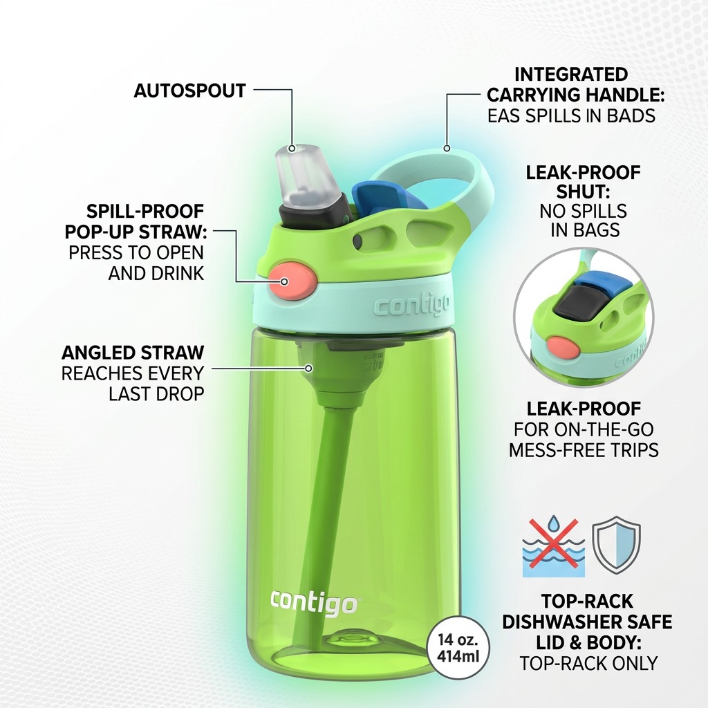 Contigo 14oz Kids Autospout Water Bottle diagram showing pop-up straw, handle, and leak-proof lid.