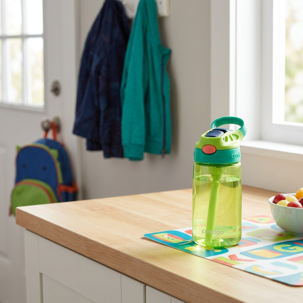 A 14oz lime green Contigo Kids Autospout Bottle on a kitchen counter near a backpack and jackets.