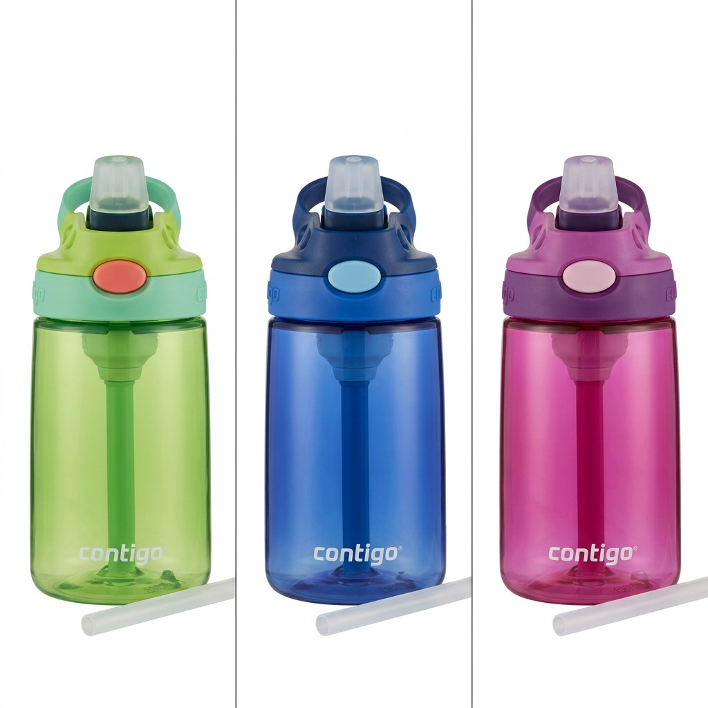 Three Contigo Kids Autospout 14oz water bottles in green, blue, and pink with pop-up straws.