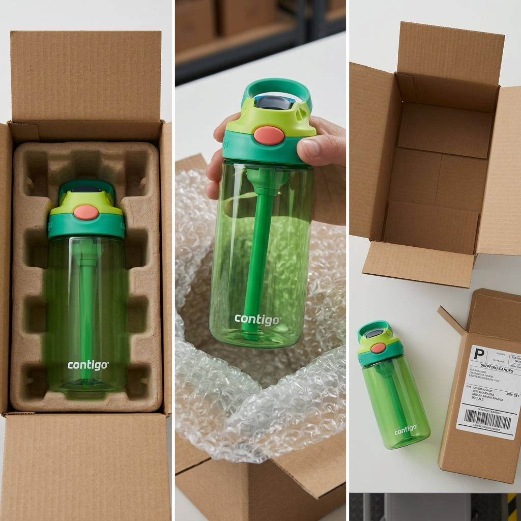 Contigo Kids Autospout Water Bottle in lime green securely packaged in a shipping box for delivery.