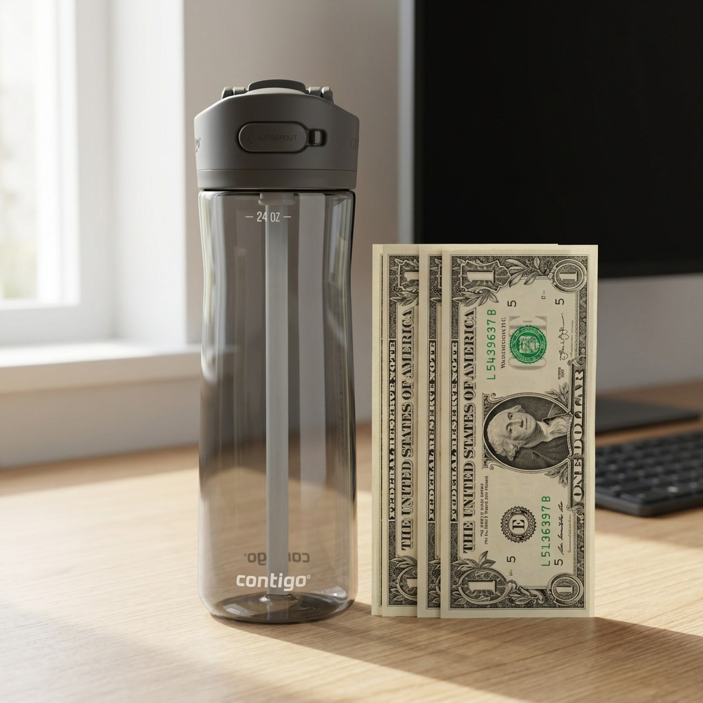 Contigo 24oz Autospout Ashland 2.0 water bottle in grey, shown next to dollar bills for scale.