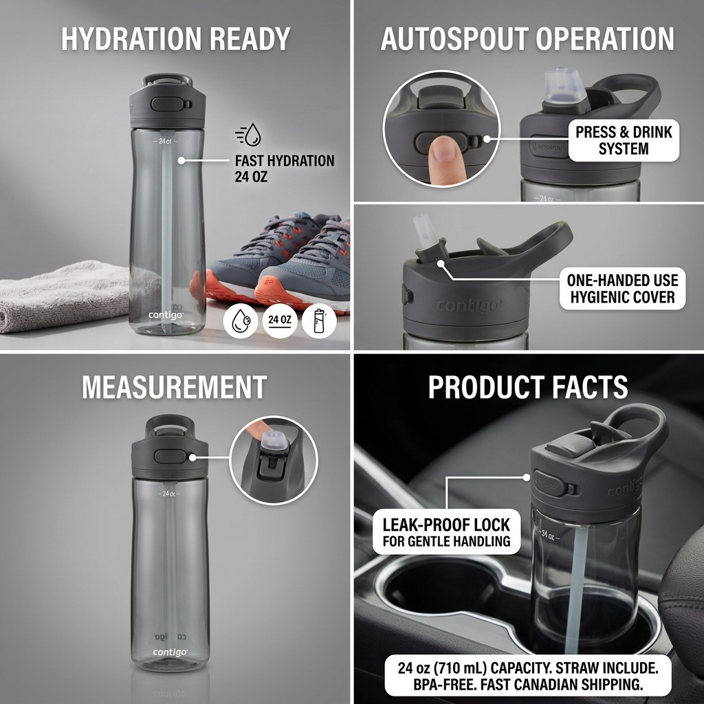 Feature graphic of a 24oz Contigo Ashland 2.0 Sake water bottle highlighting the Autospout lid, one-handed operation, and leak-proof lock.