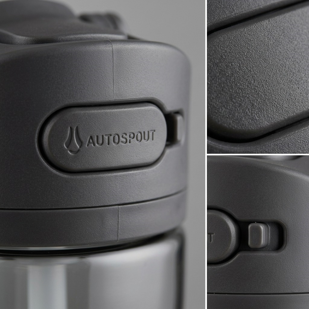 Macro details of the Contigo Autospout Ashland 2.0 water bottle cap, button, and textured plastic.