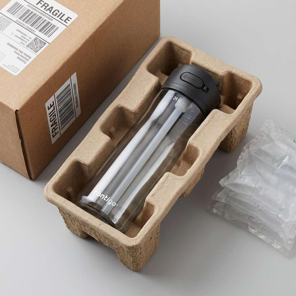 Contigo Ashland 2.0 water bottle in protective molded pulp insert next to a fragile shipping box.