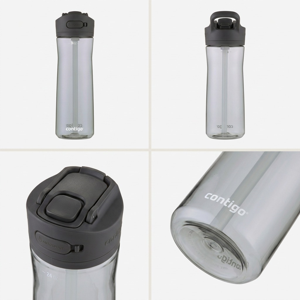 Four-angle grid of the 24oz Contigo Autospout Ashland 2.0 in Sake. Features a smoky grey body, dark lid, and integrated carry handle.