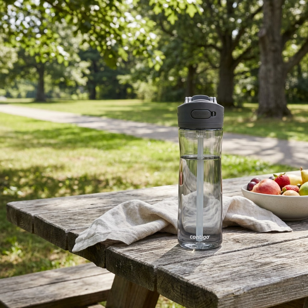 A Contigo 24oz Autospout Ashland 2.0 water bottle in Sake on a park picnic table with fresh fruit.