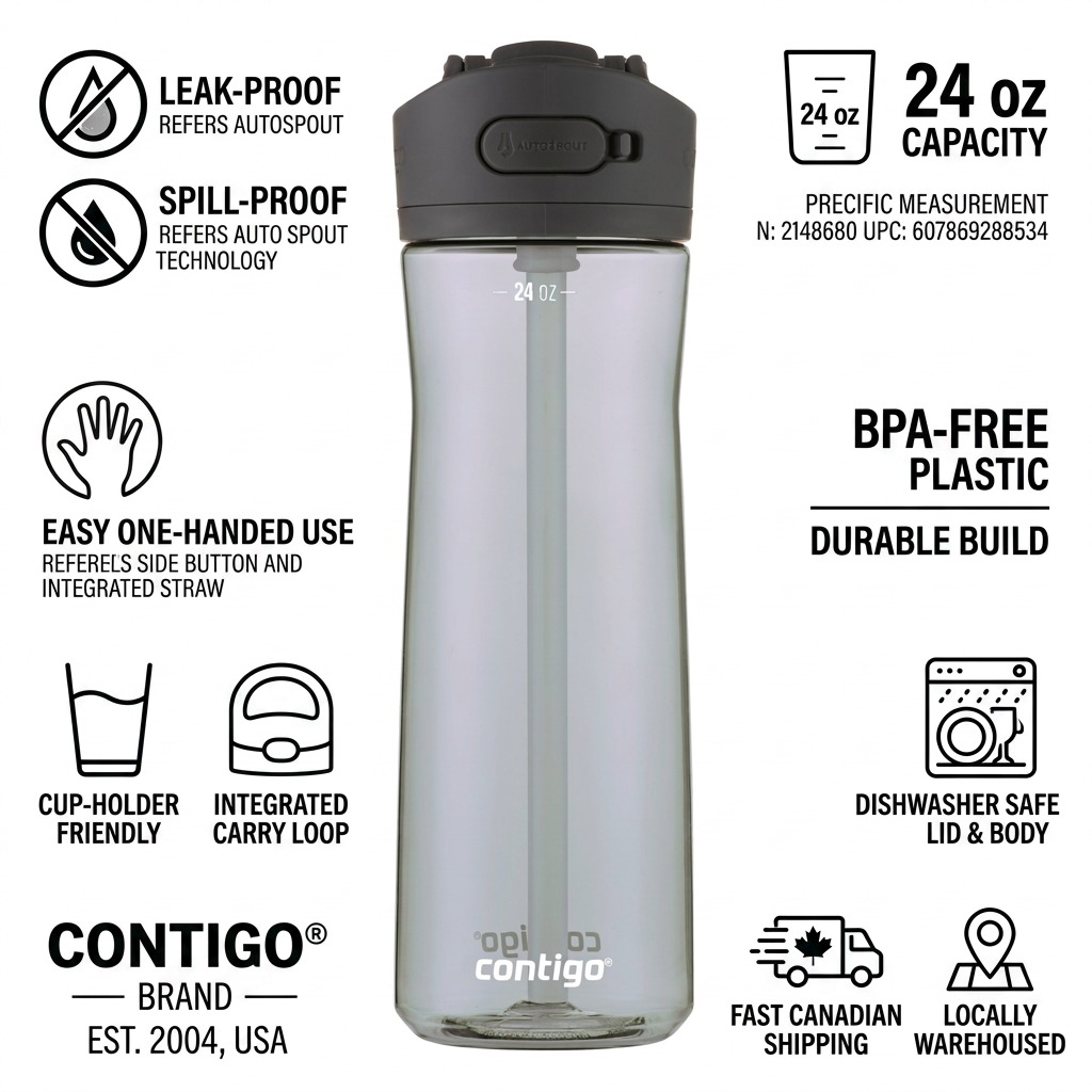 Contigo 24oz Autospout Ashland 2.0 Sake water bottle infographic detailing leak-proof and BPA-free features.