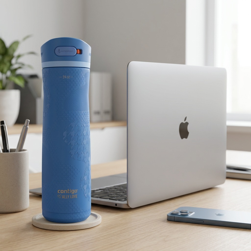 A 24 oz blue Contigo Ashland Chill 2.0 water bottle standing on a desk next to a laptop for scale.