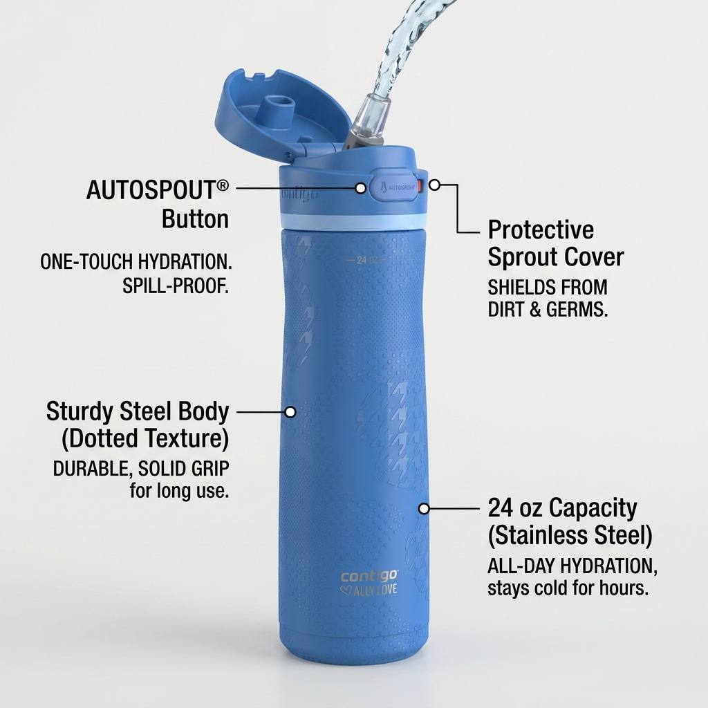 Feature diagram of the Contigo 24 oz Ashland Chill 2.0 water bottle highlighting the AUTOSPOUT lid.