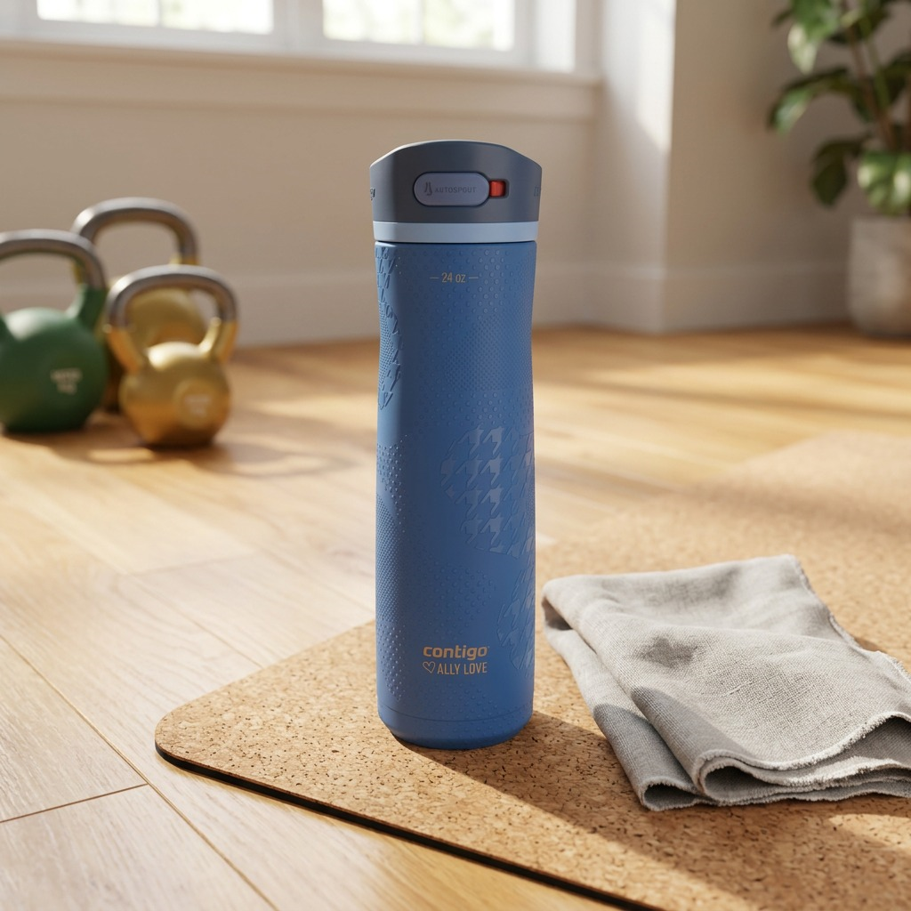 Blue Contigo x Ally Love water bottle on a yoga mat in a sunlit gym with kettlebells.