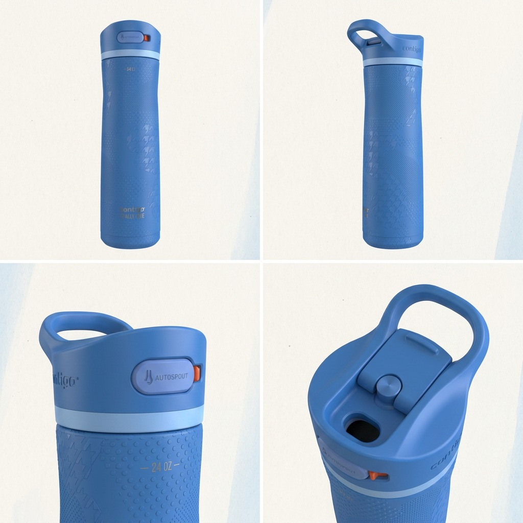 Multiple views of the blue Contigo Ashland Chill 2.0 Water Bottle showing the AUTOSPOUT lid.