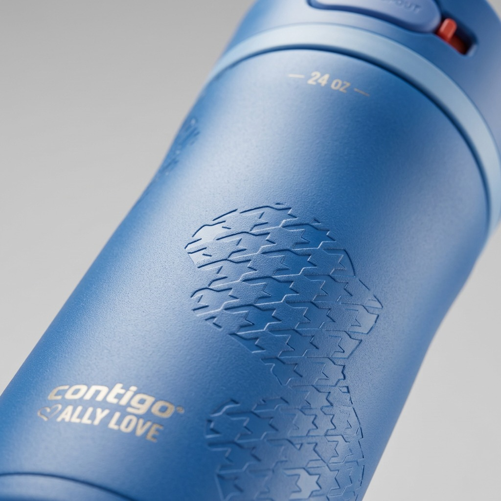Macro detail of the matte blue Contigo x Ally Love water bottle featuring an embossed star pattern.