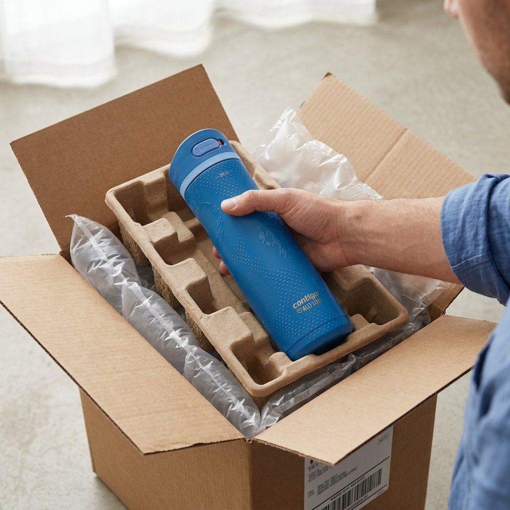 Person unboxing the blue Contigo x Ally Love water bottle from a secure shipping box with padding.
