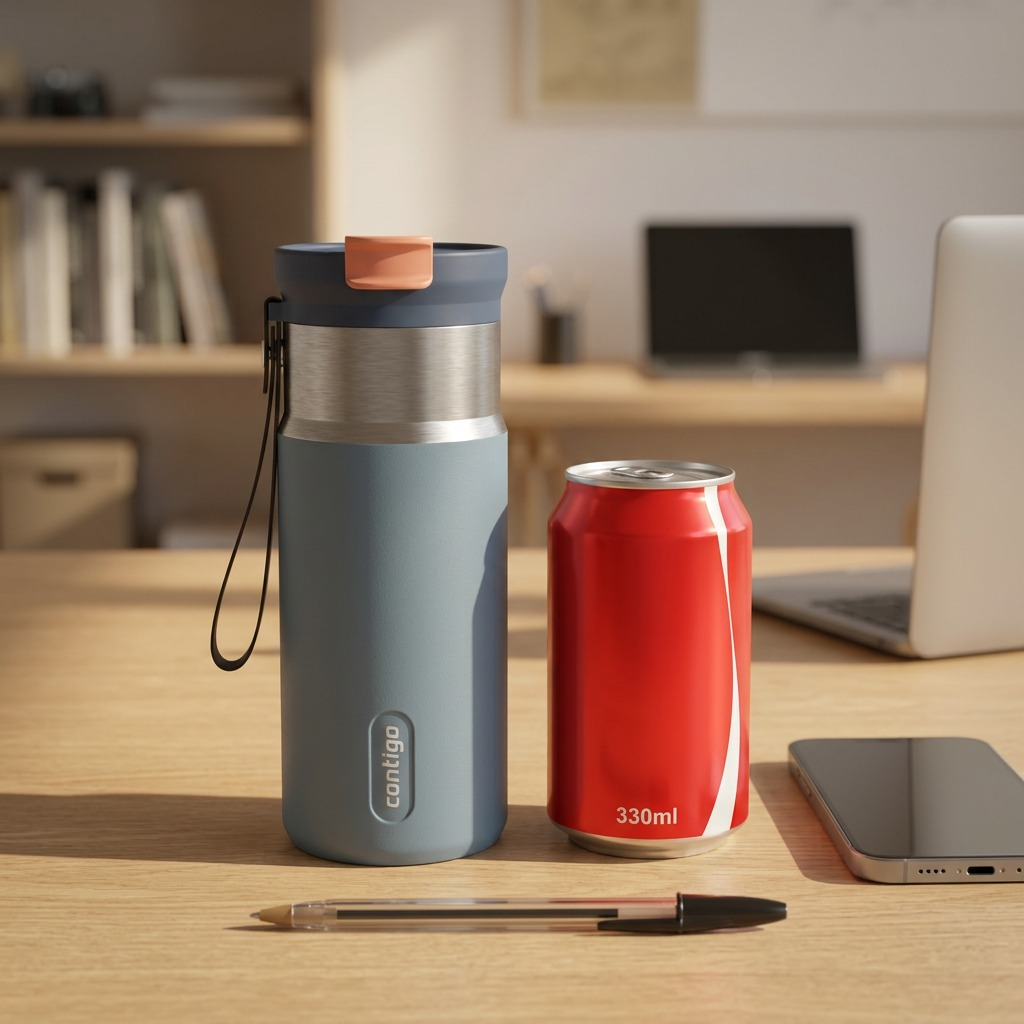 Scene: A stylized scale visual matrix featuring the 16oz Contigo mug from Image 0, placed next to a common 330ml aluminum can, a ballpoint pen, and a typical smartphone, all on a wooden desk.
