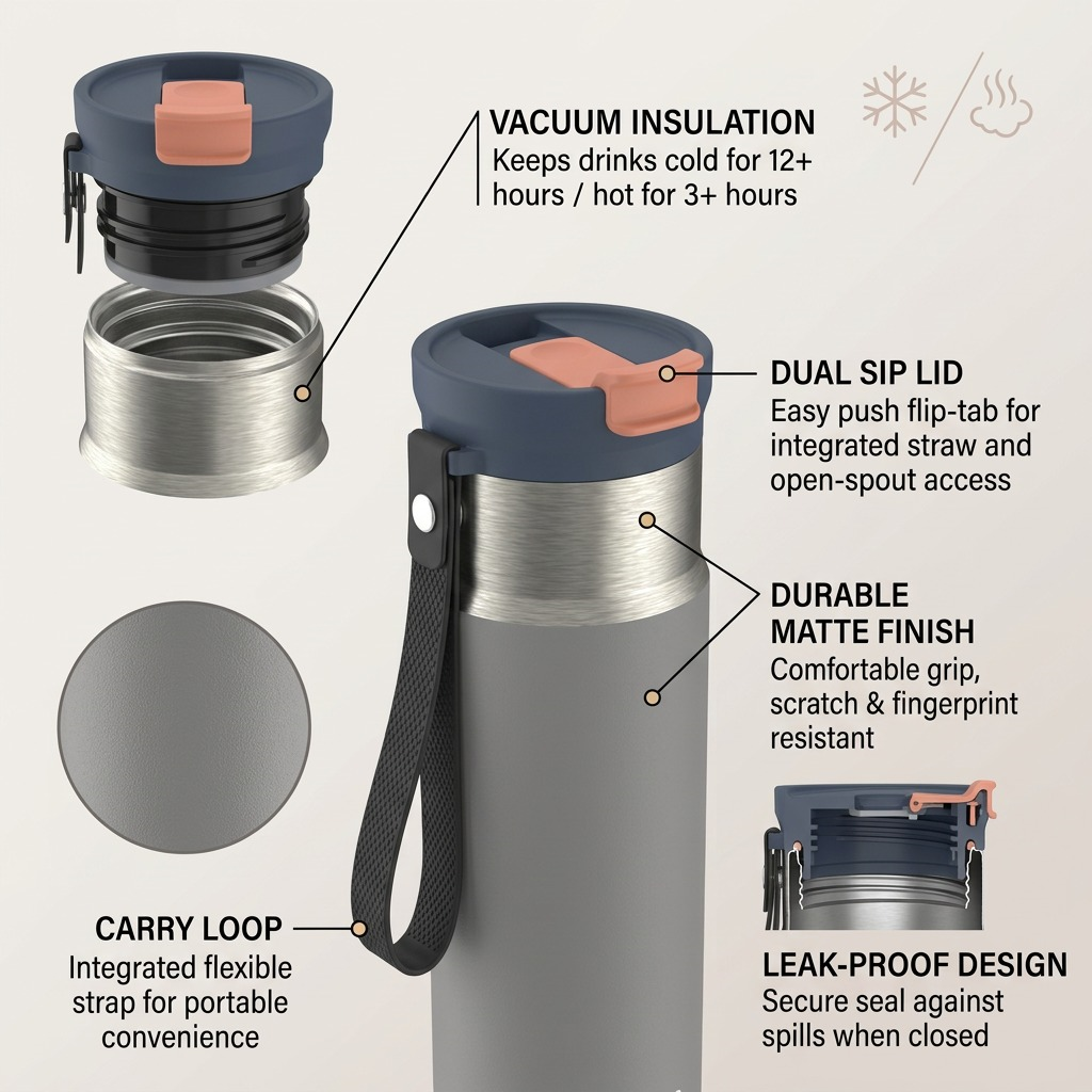 Operational feature guide for the Contigo 16oz Dual Sip bottle's multi-functional design.
