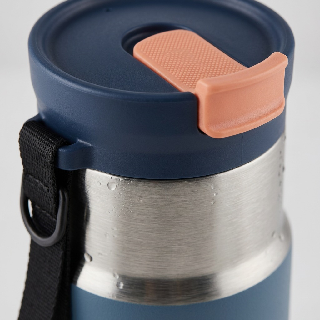 An extreme close-up photograph focuses on the Contigo bottle's lid and strap, with texture details and a blurred depth of field.