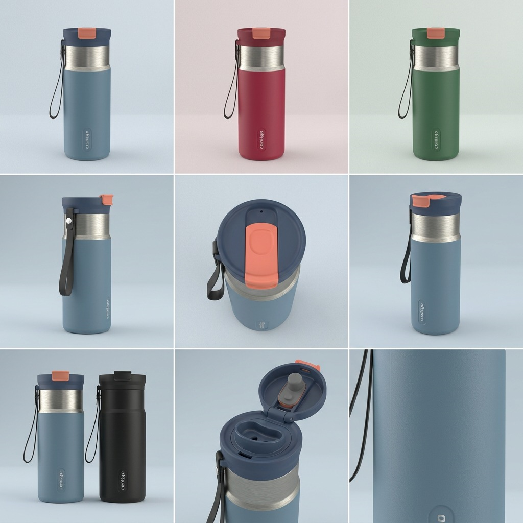 A grid displaying the Contigo Tween Dual Sip solid in multiple color variants and orientations.