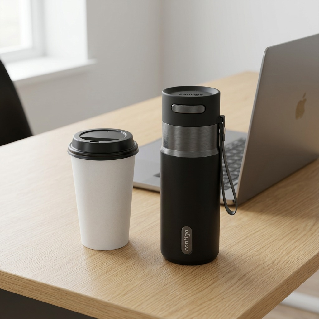A 16oz Contigo West Loop travel mug in gunmetal beside a disposable cup and laptop for scale.