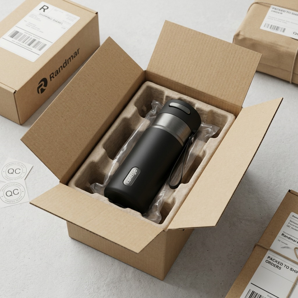 A Contigo West Loop travel mug in Licorice Gunmetal finish, securely packed in a Randmar shipping box.