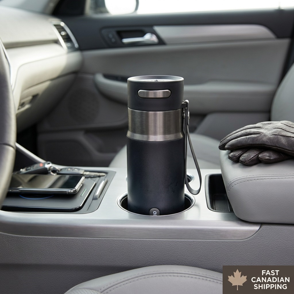 A Contigo West Loop insulated travel mug in gunmetal sits in a car cup holder during a commute.