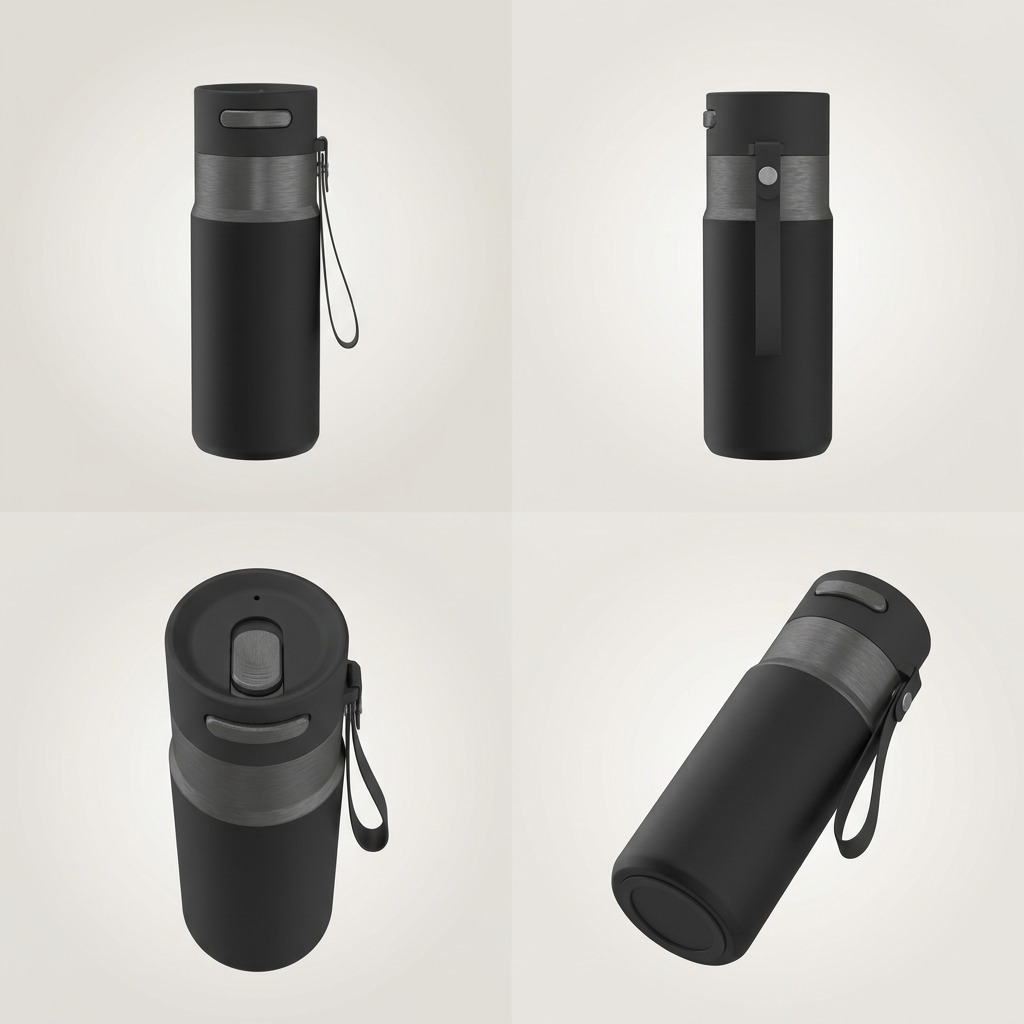 Four-angle grid of the Contigo West Loop 16oz travel mug in Licorice Gunmetal PVD finish.