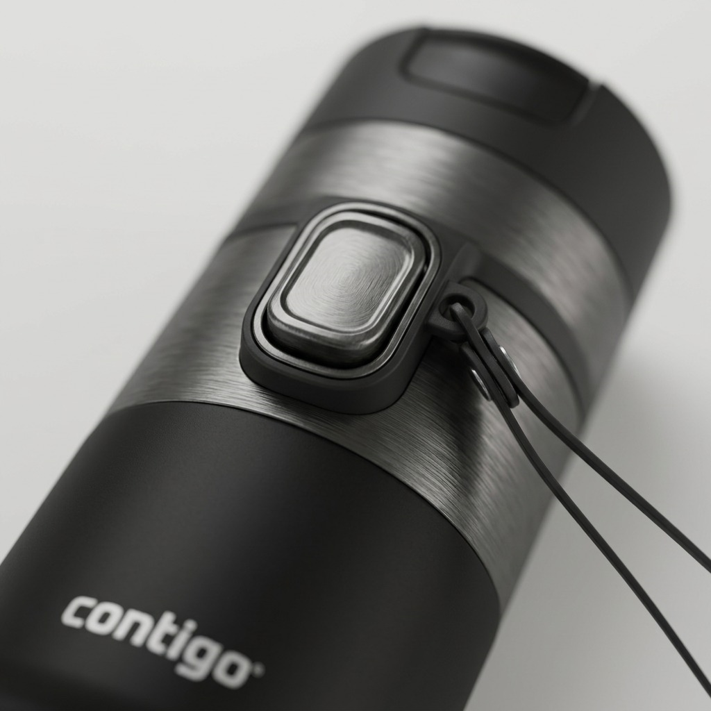 Macro detail of the Contigo West Loop Autoseal button on the gunmetal PVD travel mug finish.