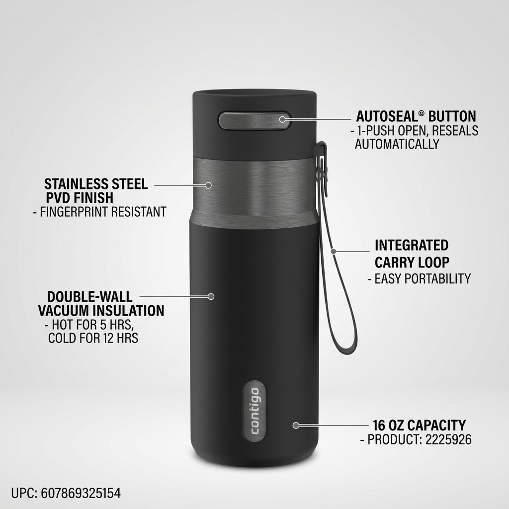 Feature diagram of the Contigo 16oz West Loop travel mug, highlighting the Autoseal button, PVD finish, carry loop, and vacuum insulation.