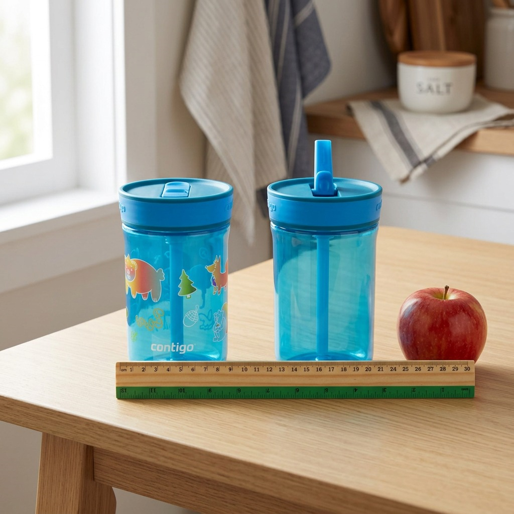 Two Contigo 14 oz Leighton Kids Tumblers on a table next to a ruler and a red apple for scale.